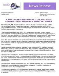 Preview of Purple Line Reaches Financial Close, Full-Scale Construction to Resume Late Spring and Summer